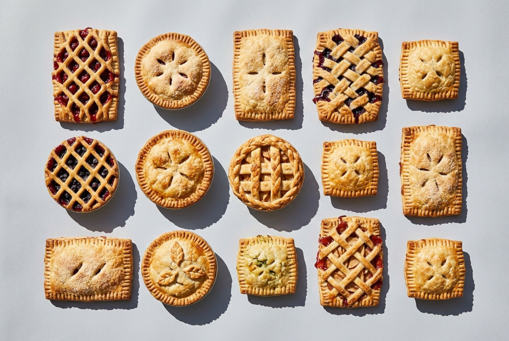 An overhead grid of small hand pies, round and rectangular, with lattice, berry and crimped pastry tops on a pale grey backdrop