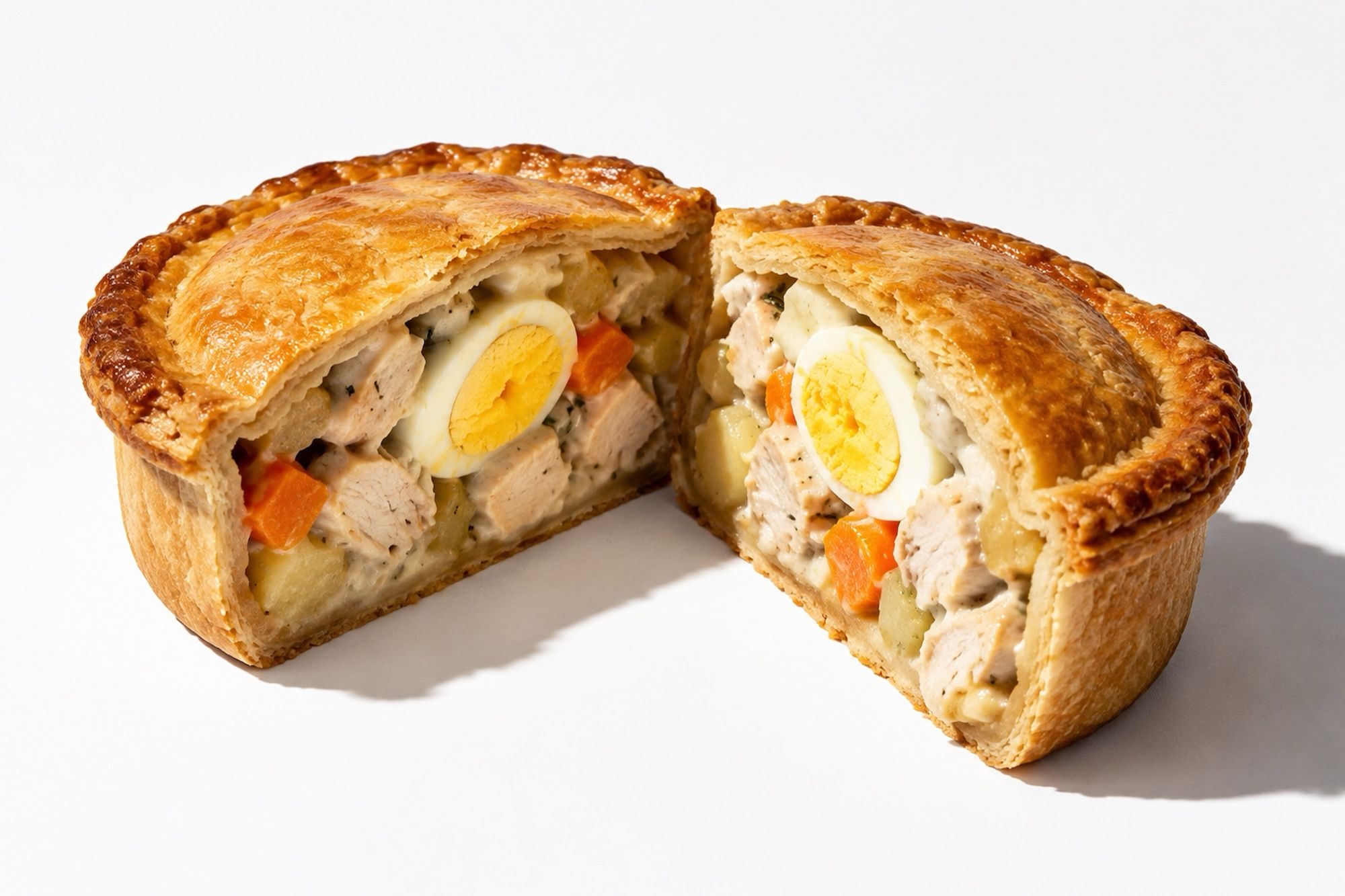 A personal chicken pie cut in half, showing chunks of chicken, potato, carrot and half a hard-boiled egg inside a golden crust