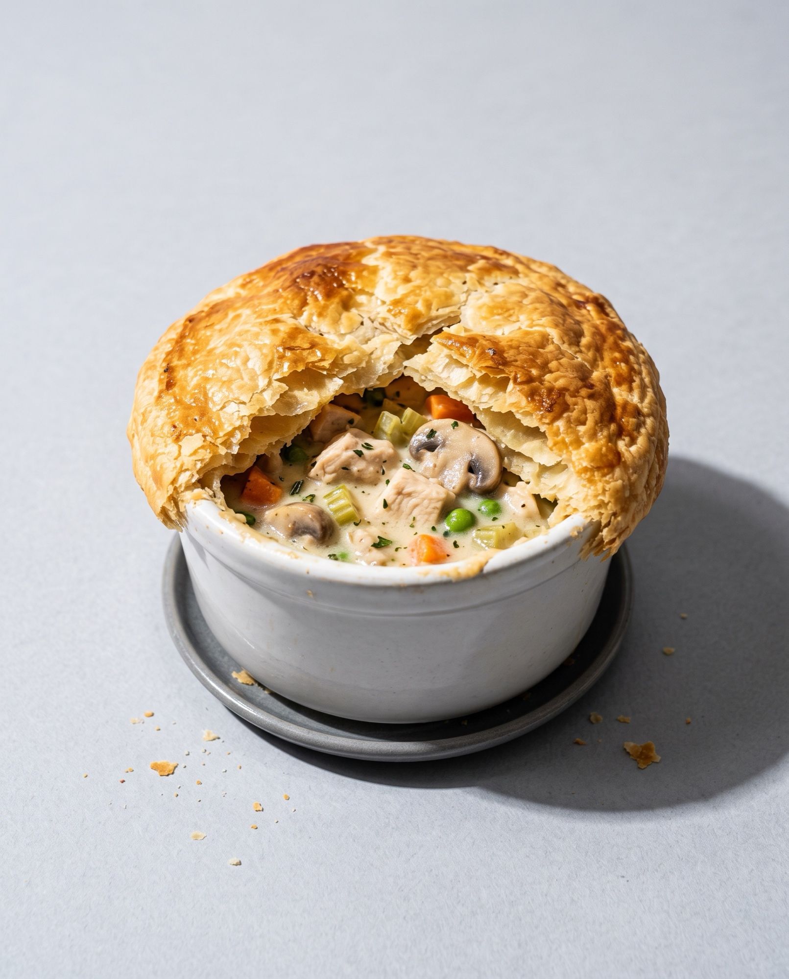 A chicken pot pie in a small round dish with its golden pastry lid broken open over a creamy filling