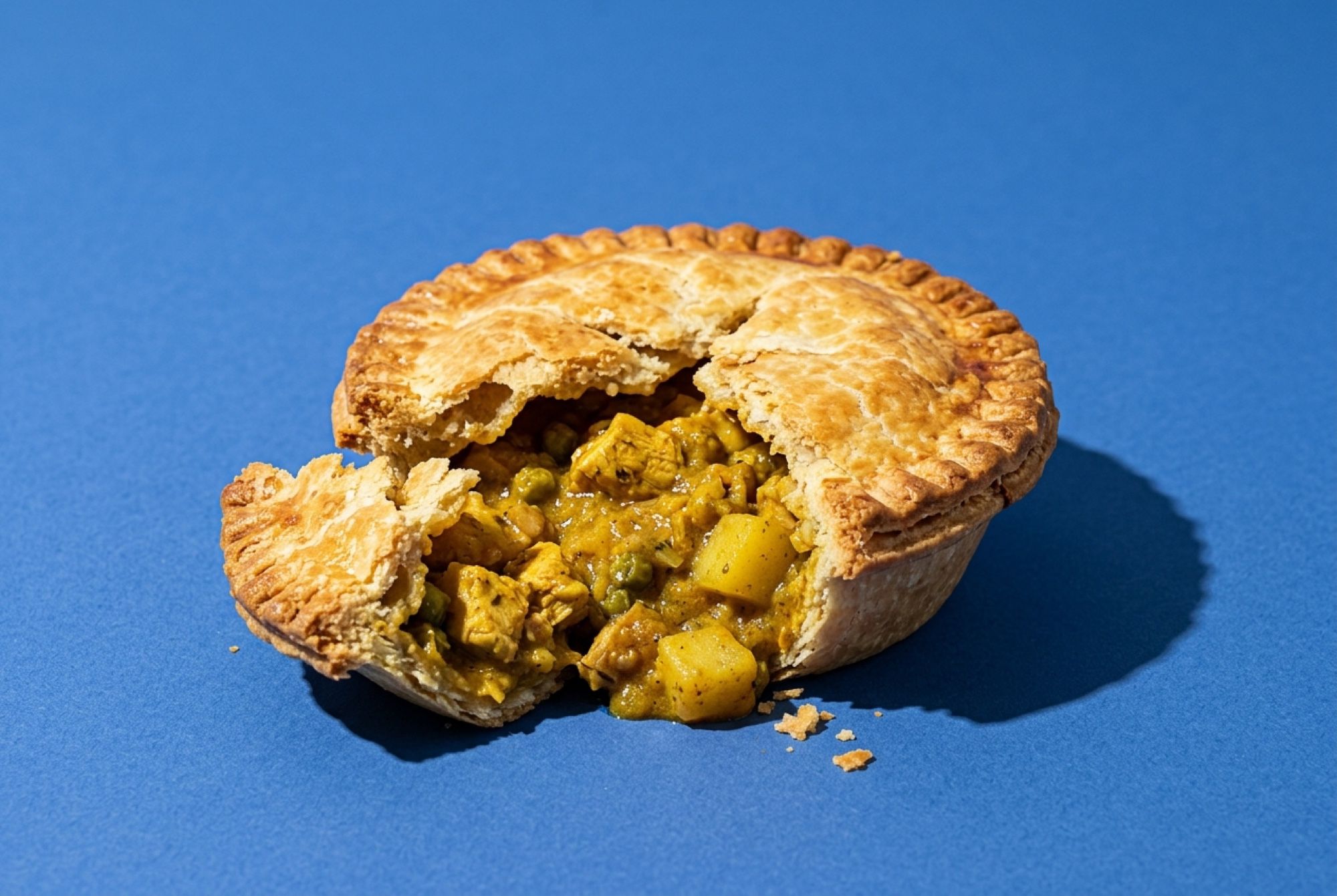 A curry chicken pie broken open to show golden curry chicken, potato and peas, on a cobalt blue backdrop