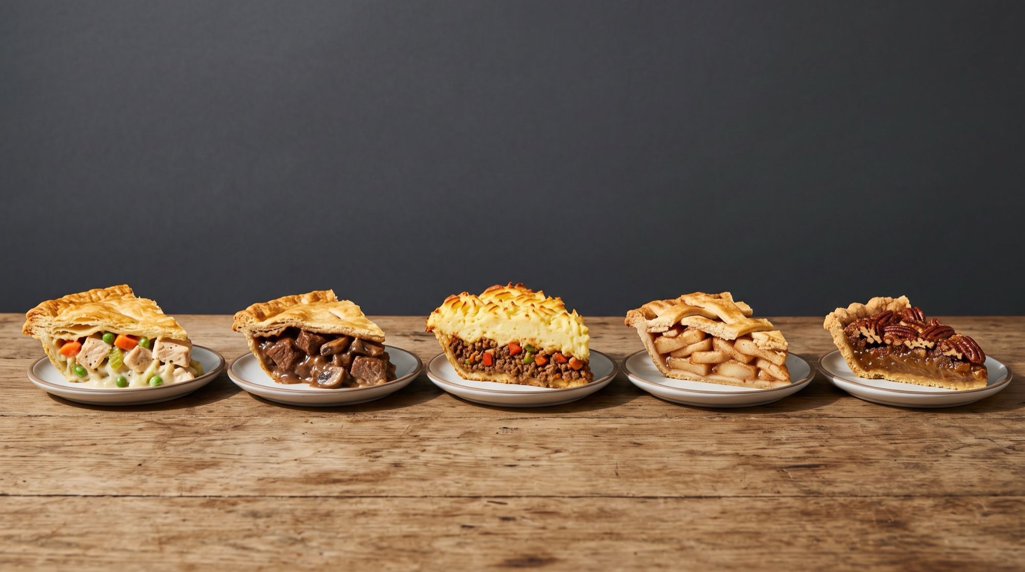 Five pie slices in a row showing their fillings: chicken and vegetable, beef and mushroom, mash-topped shepherd's pie, apple and pecan