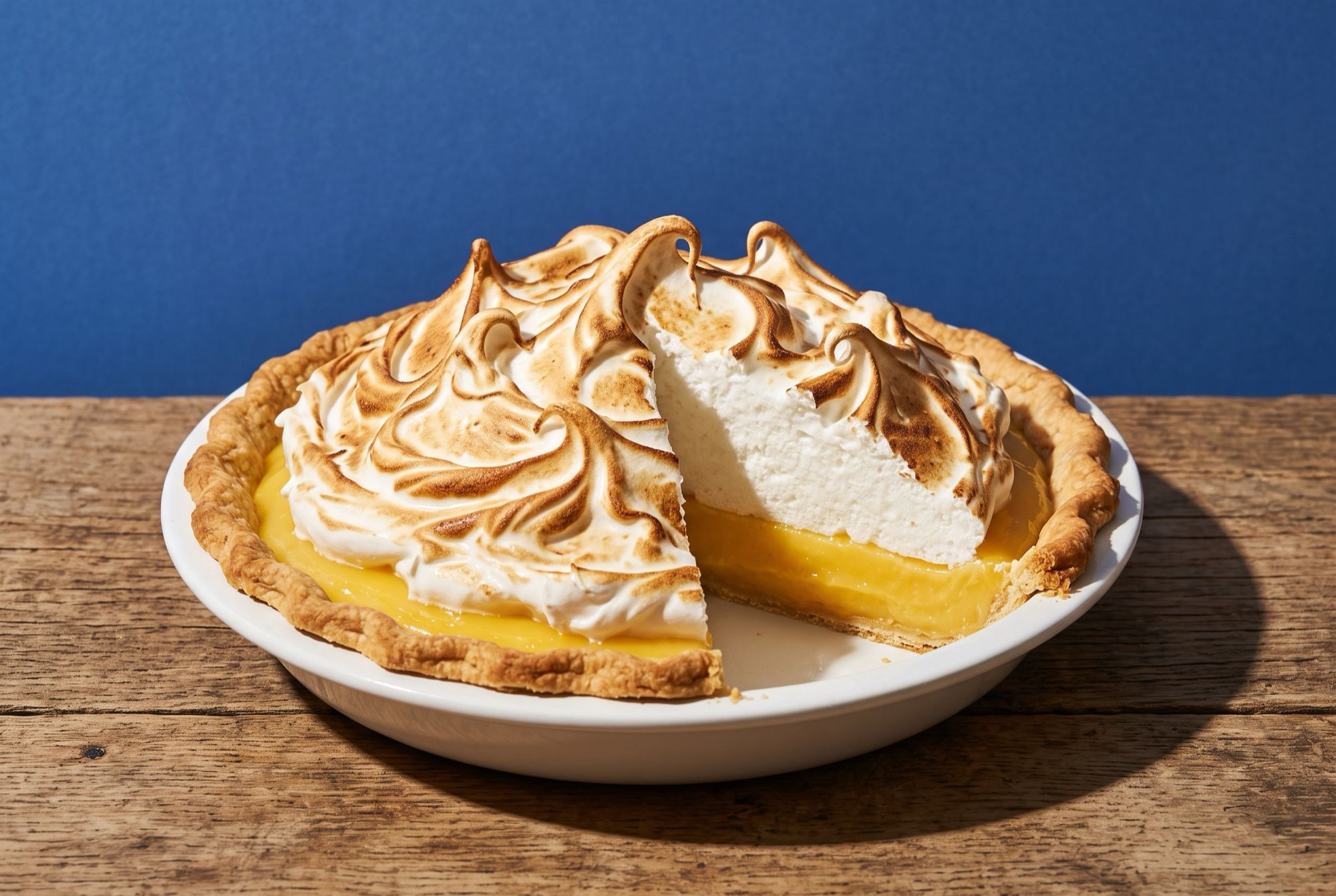 A lemon meringue pie with tall toasted meringue peaks and one slice cut, on a wooden table against a cobalt blue wall