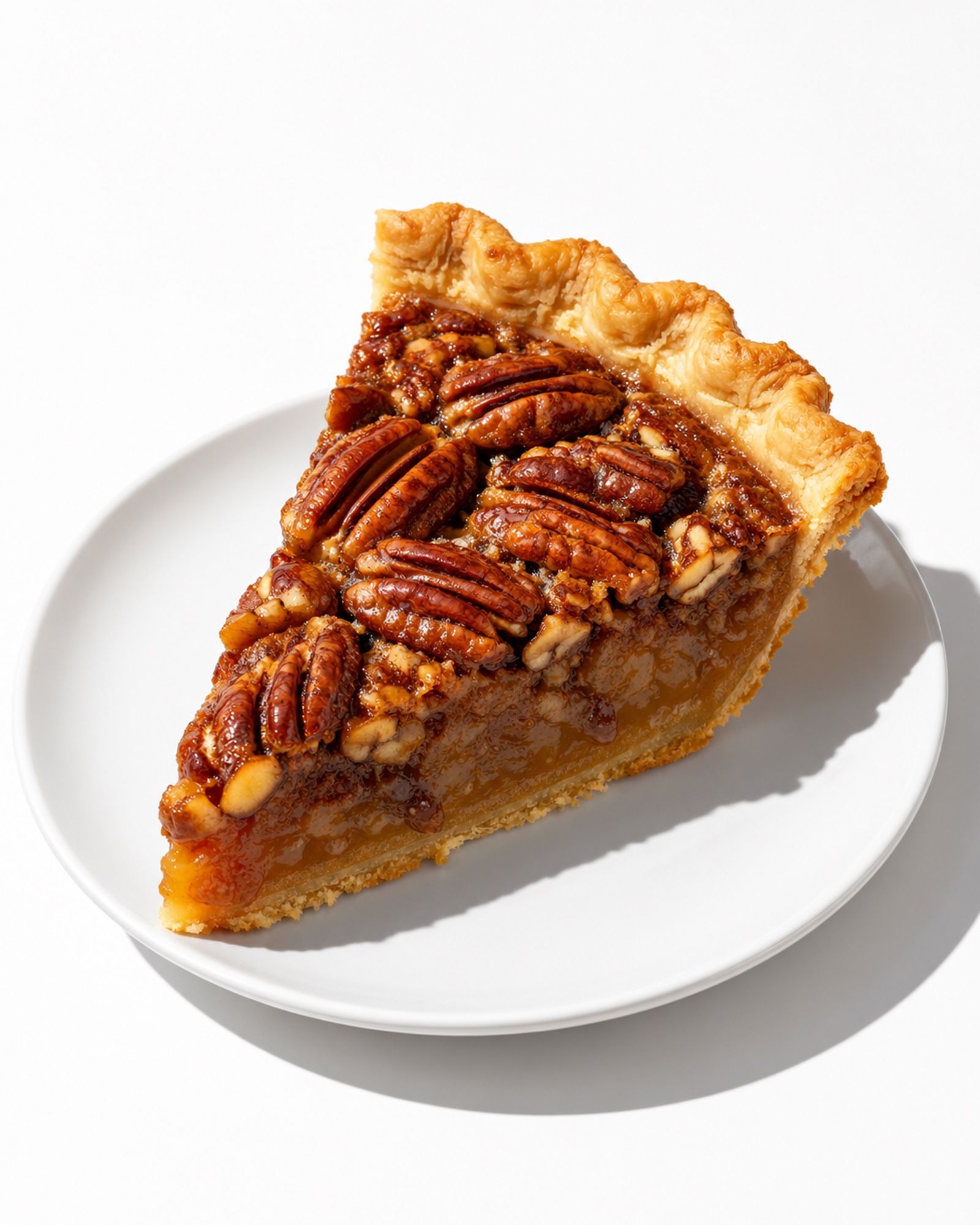 A slice of pecan pie on a white plate