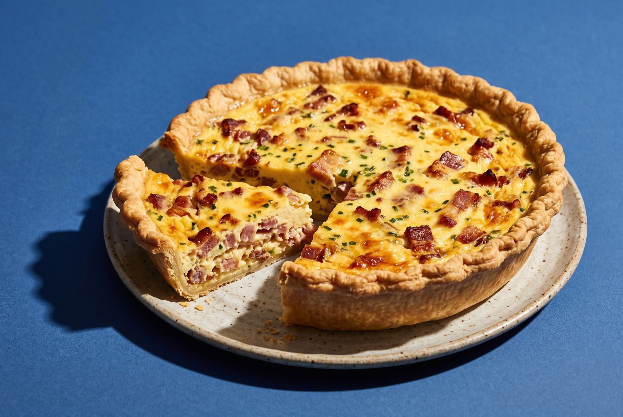 A quiche lorraine with golden egg custard and bacon pieces, one wedge cut away, on a cobalt blue backdrop
