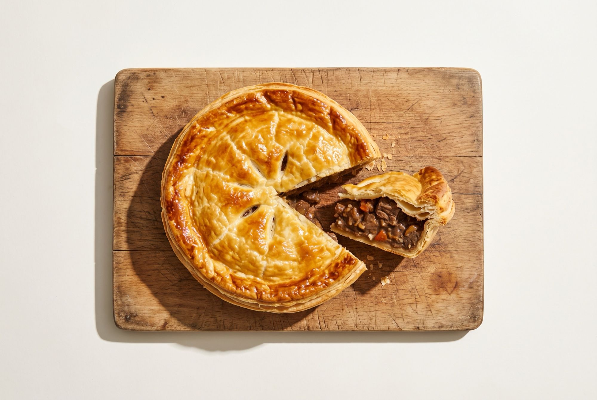 A whole golden savoury pie on a wooden board with one slice cut and pulled away to show a beef and vegetable filling