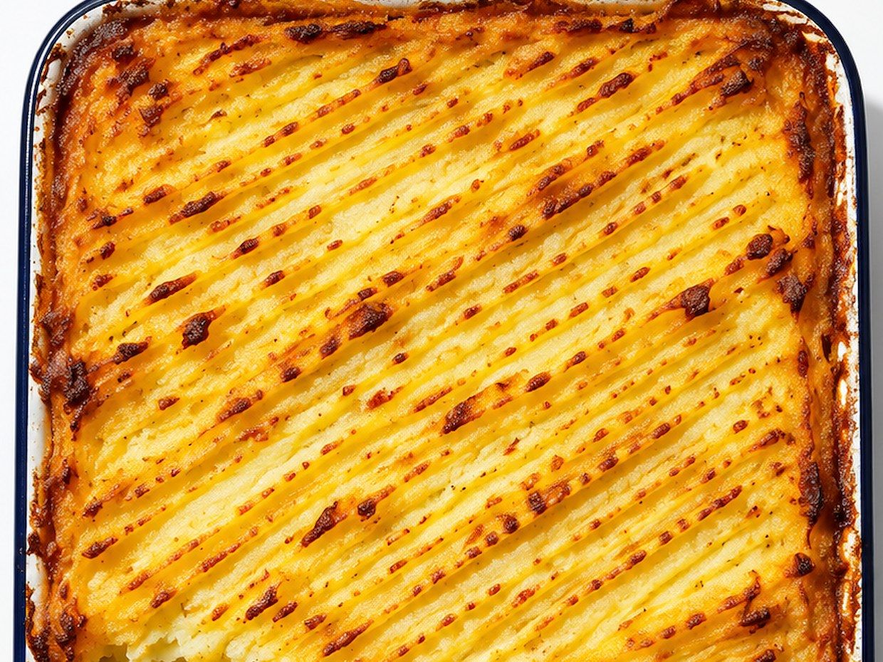 The ridged, golden-browned mashed potato top of a shepherd's pie in a baking tray
