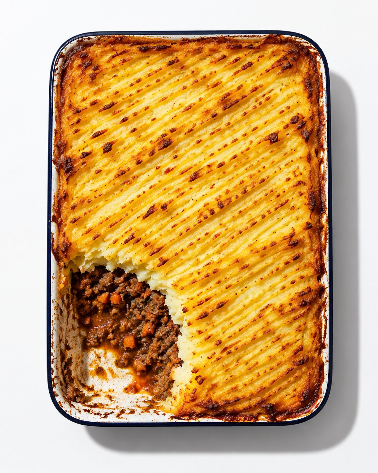 A tray of shepherd's pie seen from above