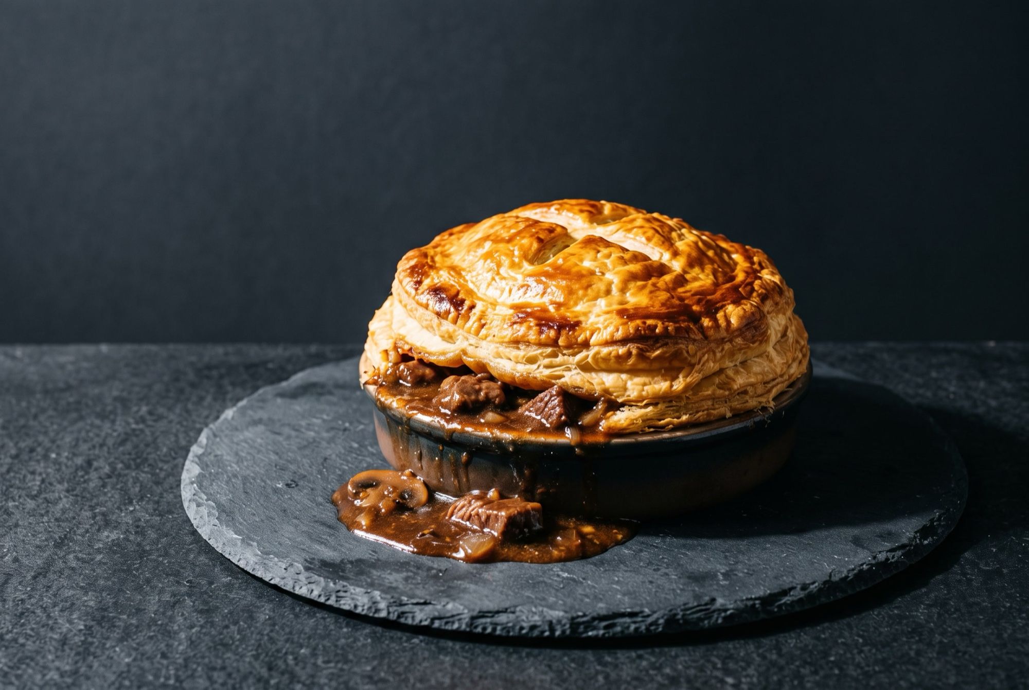 A steak and ale pie with a tall puffed golden pastry lid and gravy spilling onto a dark slate board